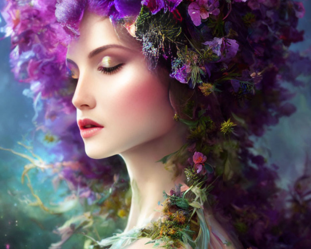 Woman with purple flower crown in soft profile against floral backdrop