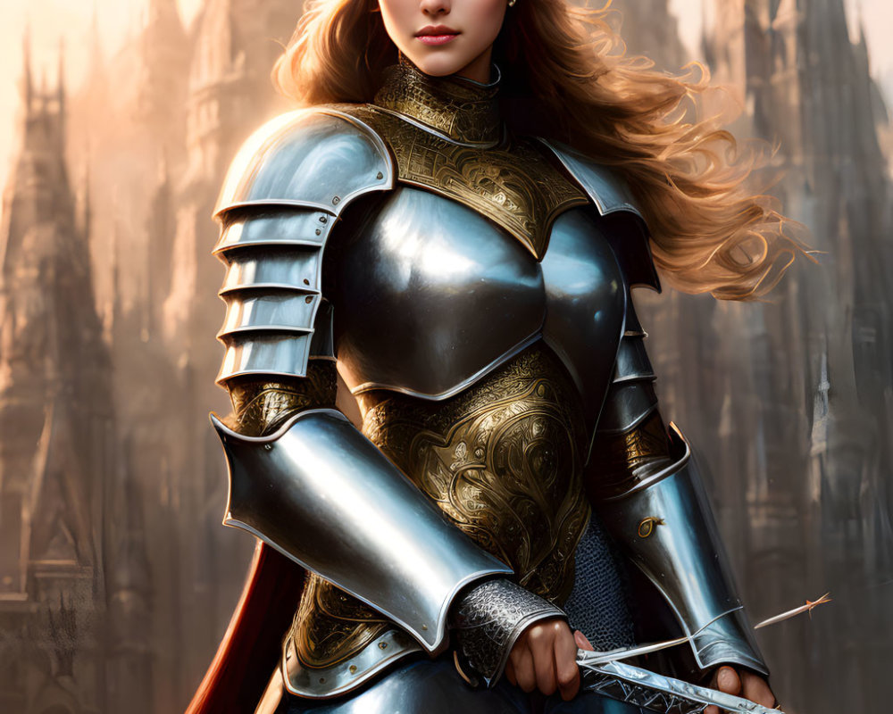Female knight in shining armor with sword and castle in digital artwork