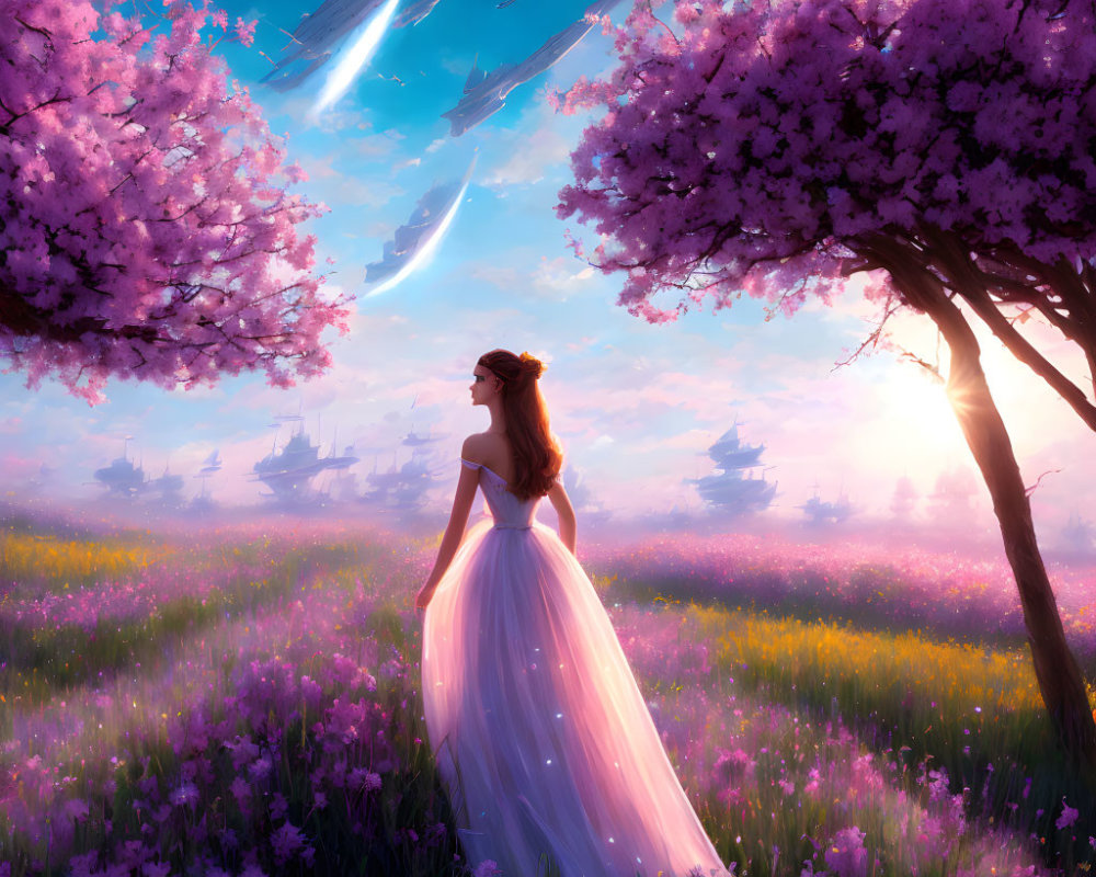 Woman in white dress surrounded by purple flowers under dreamy sky with floating ships and shooting stars.