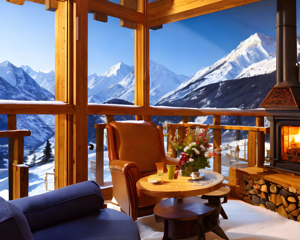 Rustic cabin interior with fireplace, armchair, and snowy mountain view