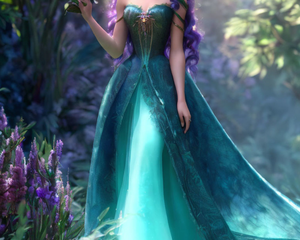 Woman in Turquoise and Green Gown Holding Purple Flowers in Lush Garden