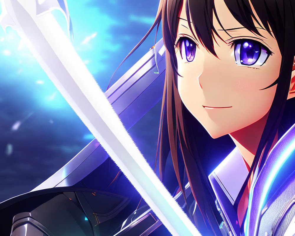 Young female anime character with brown hair and purple eyes holding a glowing blue sword under a starry sky