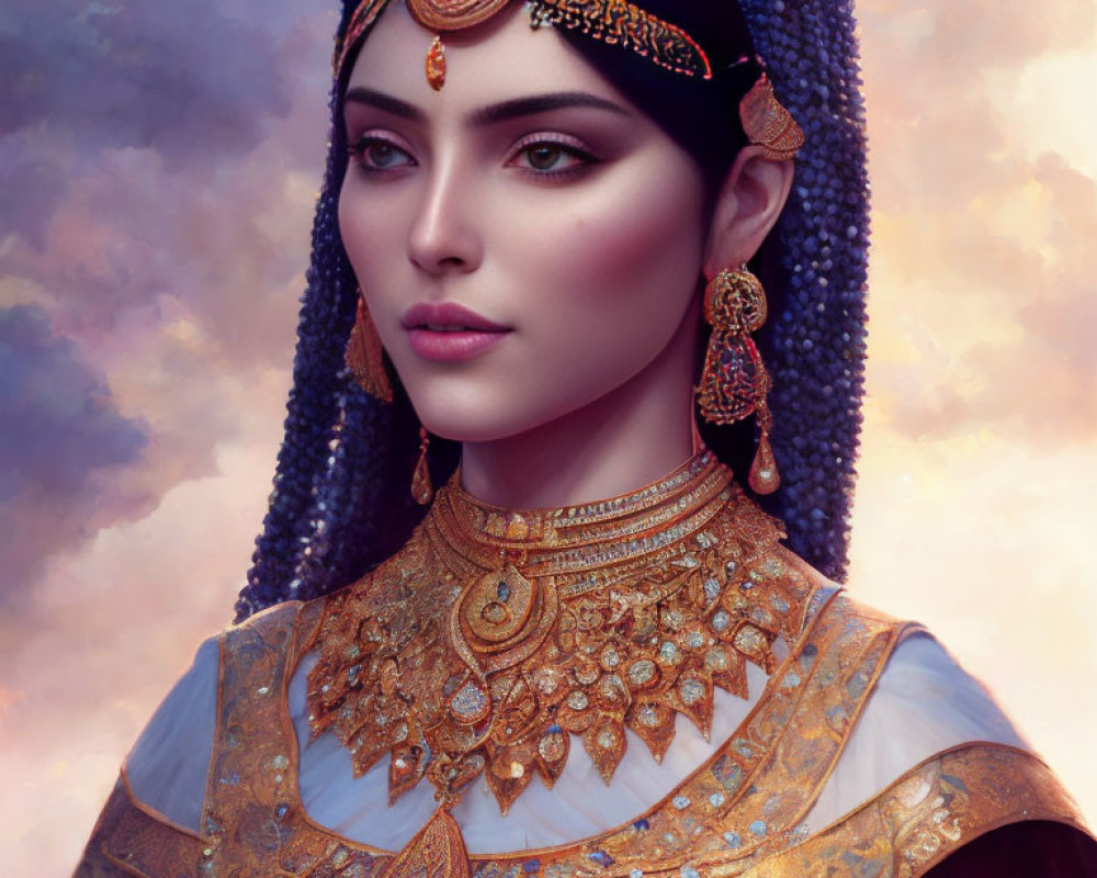 Digital portrait of woman in gold jewelry and blue garments under purple sky