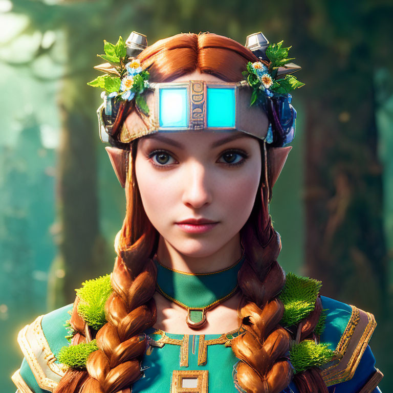 Elf-like character with braided hair and floral crown in mystical forest.