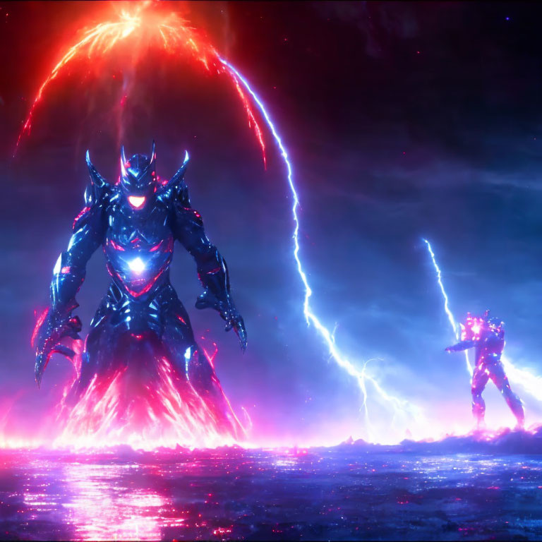 Giant armored figures in red energy face off under a glowing sky