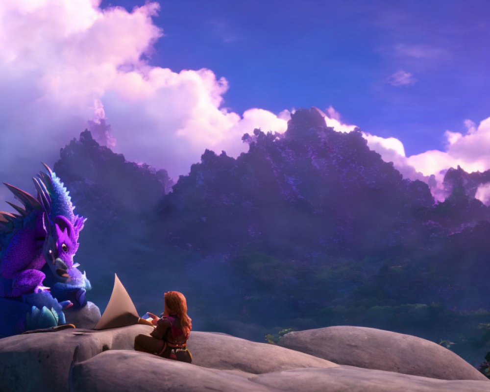 Girl and blue dragon on rock in mystical landscape with purple hues