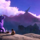 Girl and blue dragon on rock in mystical landscape with purple hues