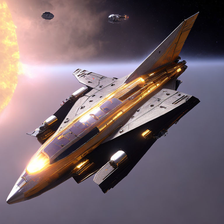 Futuristic spaceship with glowing engines near a sun in cosmic space