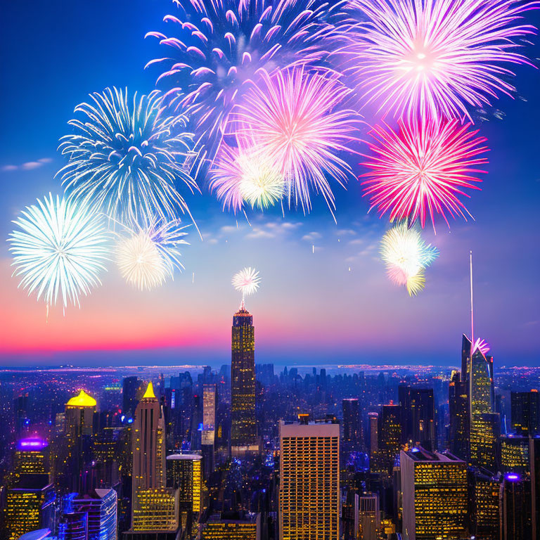 Colorful fireworks illuminate city skyline at twilight