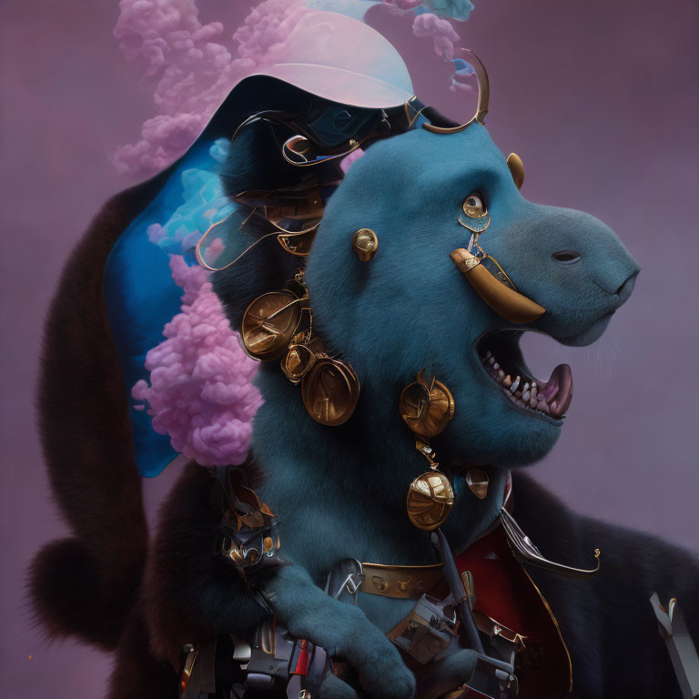 Stylized blue dog with golden steampunk glasses and cloud motif