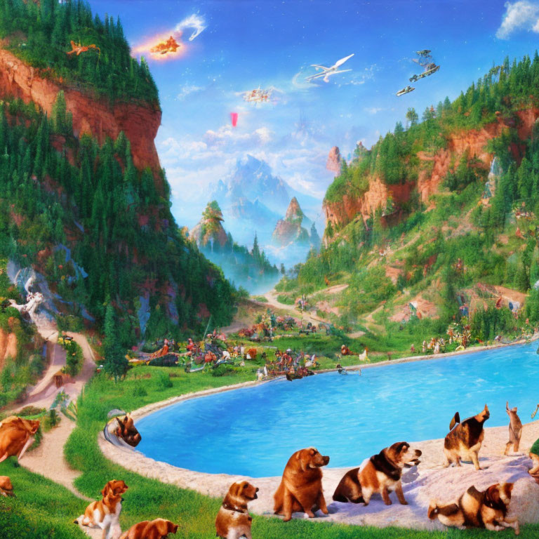 Vibrant dog-filled landscape with futuristic ships and lush scenery