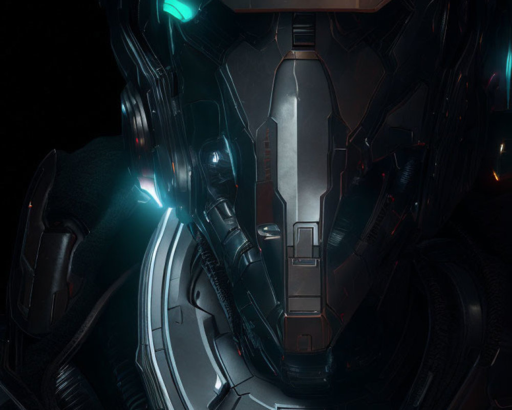 Close-up of Dark Futuristic Armor with Glowing Blue Lights