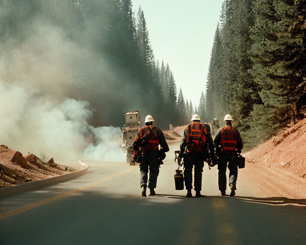 Three firefighters walking towards fire truck in forest with smoke rising