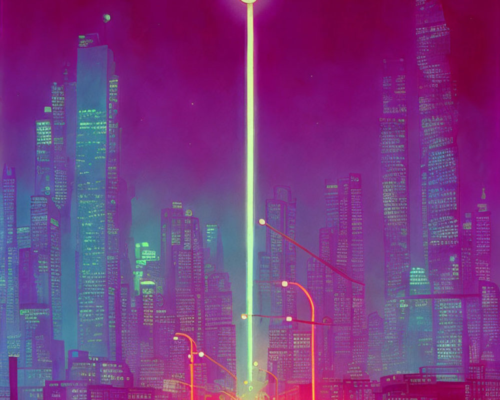 Futuristic sci-fi cityscape with glowing pink and green hues