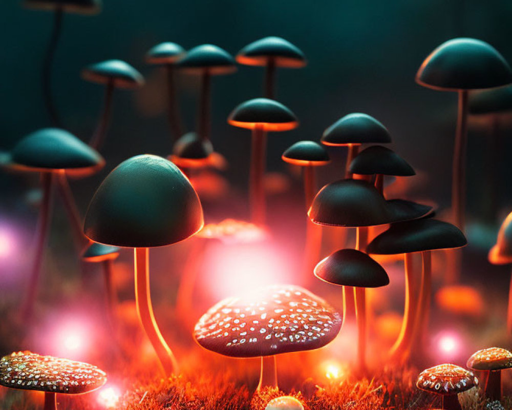 Glowing bioluminescent mushrooms in magical forest scene