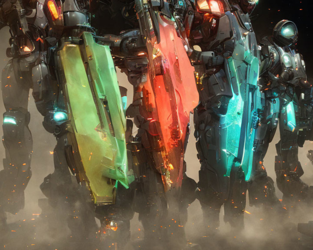 Futuristic mechs in illuminated armor battle with advanced robotics and weaponry.