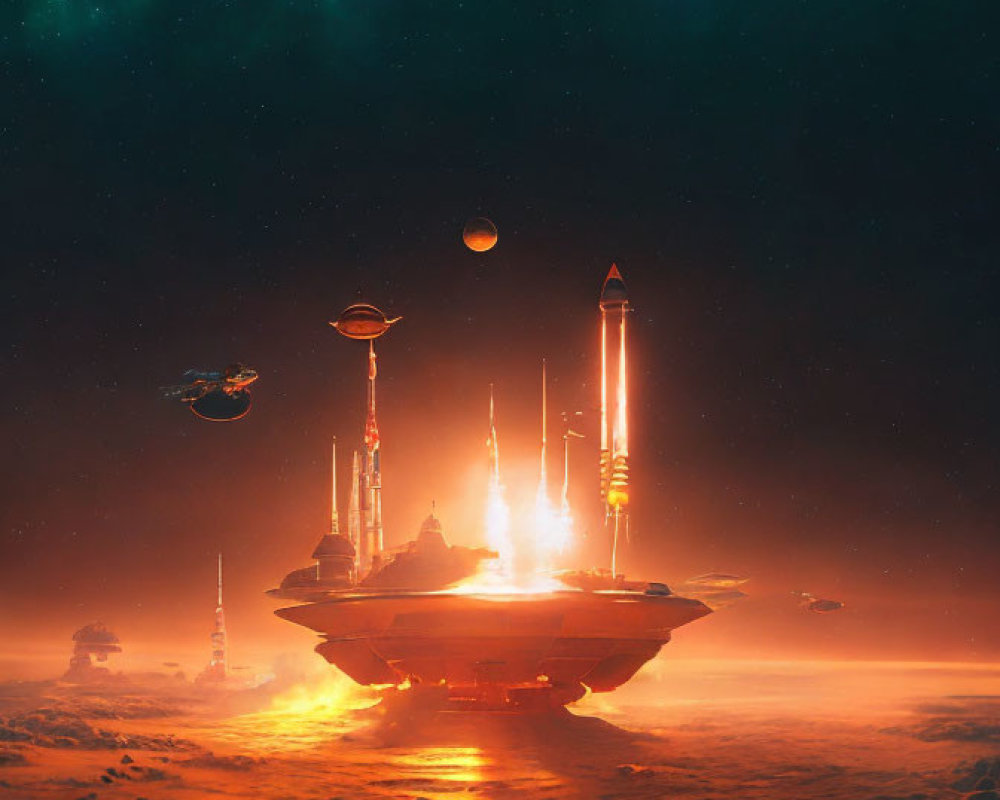 Futuristic sci-fi scene with towering spires, starry sky, and spaceships