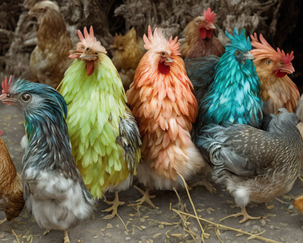 Colorful Chickens in Barn Setting with Rainbow Feathers