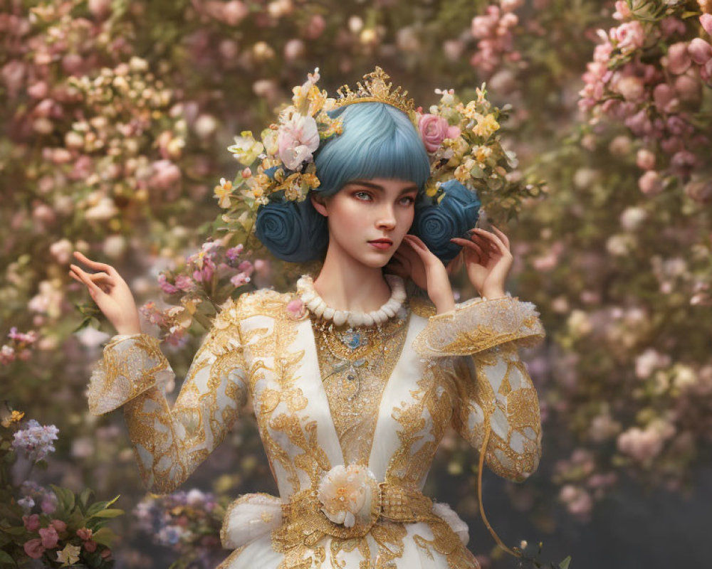 Blue-haired woman in vintage dress with pink blossoms and flower touch