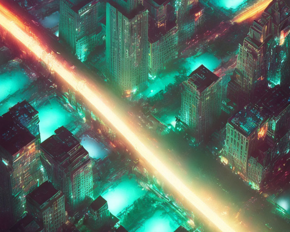 Futuristic neon-lit cityscape with turquoise and orange lights at night