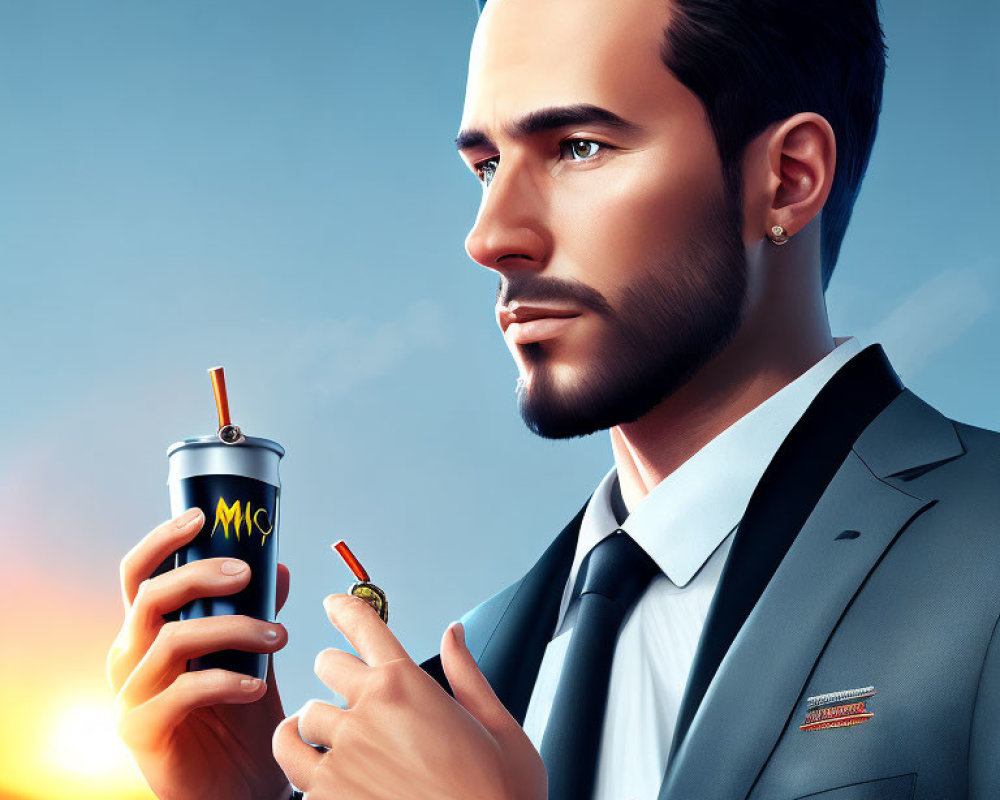 Man in suit with soda can against blue sky background