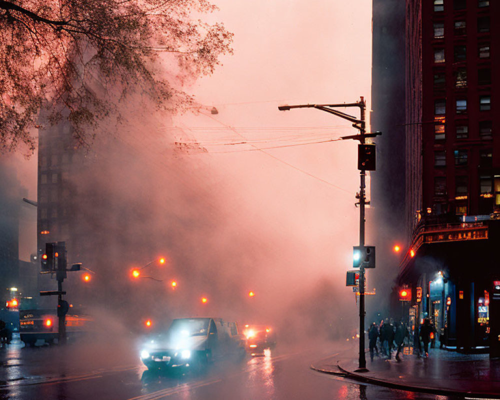 City street at dusk: Vehicles' headlights, misty haze, glowing traffic lights, pedestrians' sil