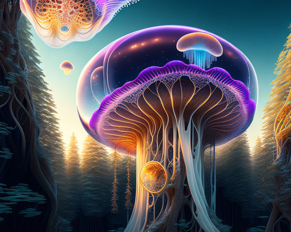 Fantasy forest with glowing jellyfish-like trees under cosmic sky