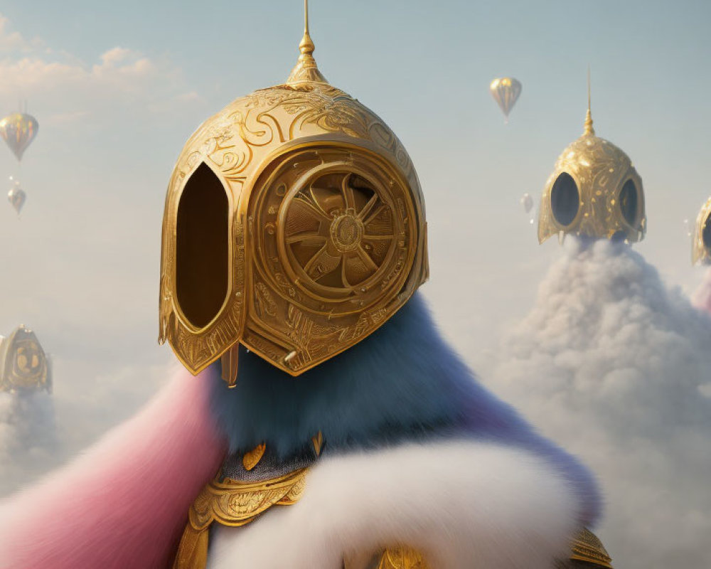 Golden helmets with window-like openings float among clouds and colorful balloons in whimsical scene.