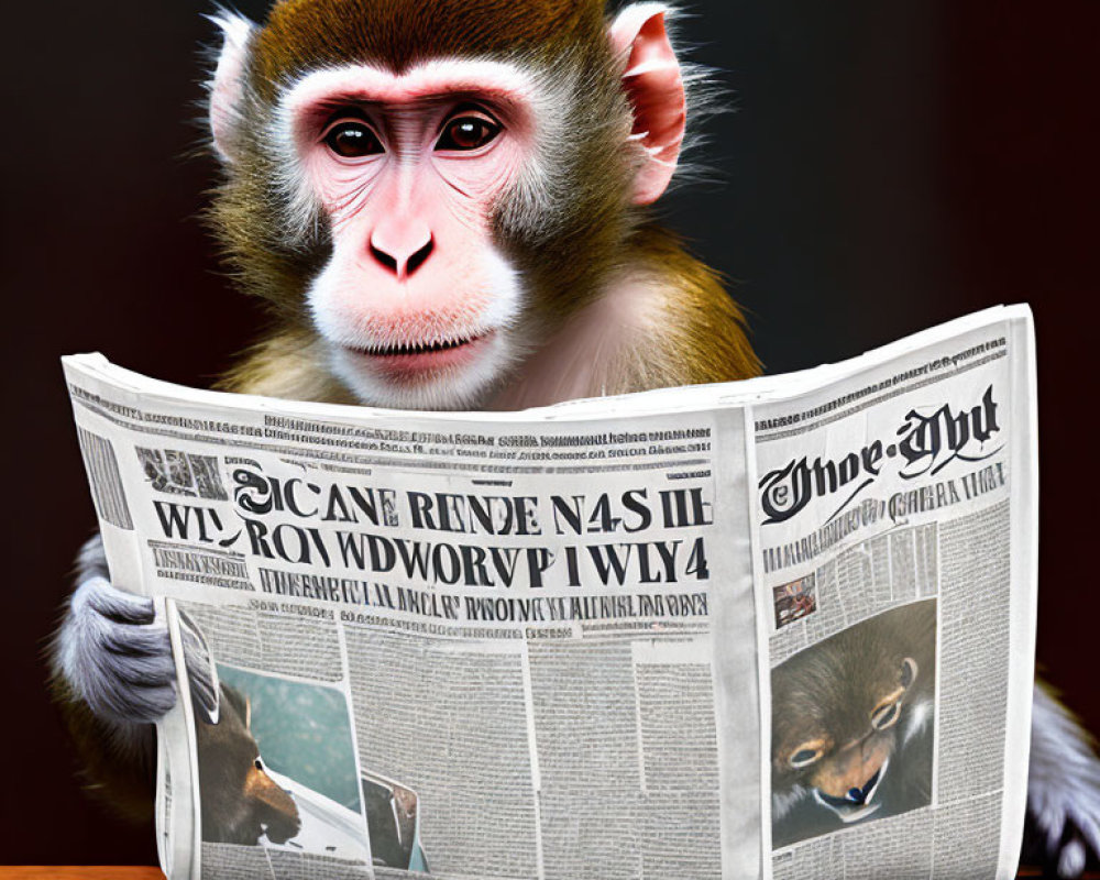 Monkey reading newspaper with wolf image on blurred wooden background