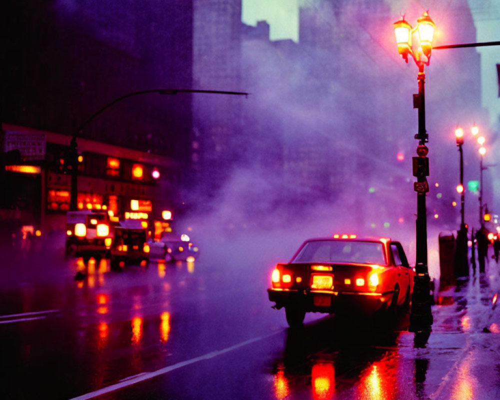 Moody city scene with glowing street lamps and red car taillights at evening