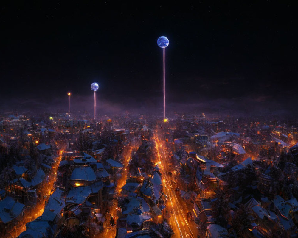 Snowy Night Townscape with Glowing Orbs and Illuminated Streets