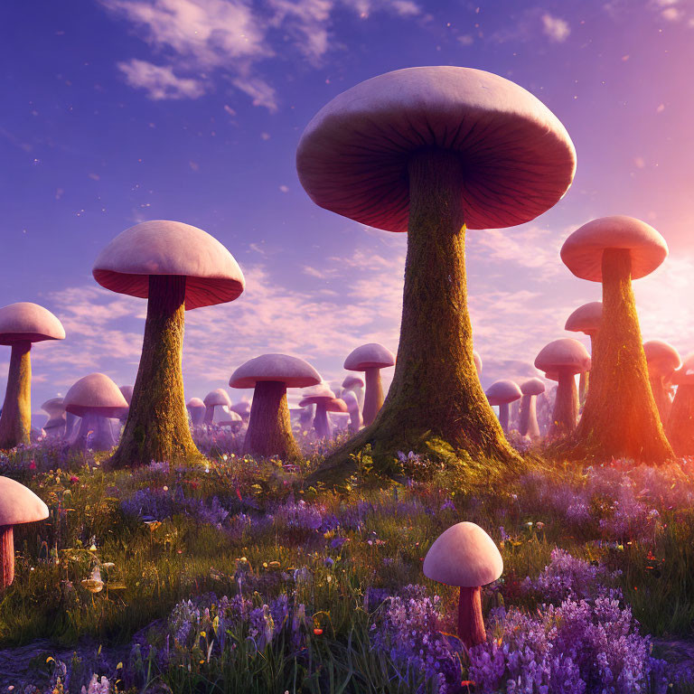Fantasy landscape with oversized mushrooms and purple flowers under sunset sky