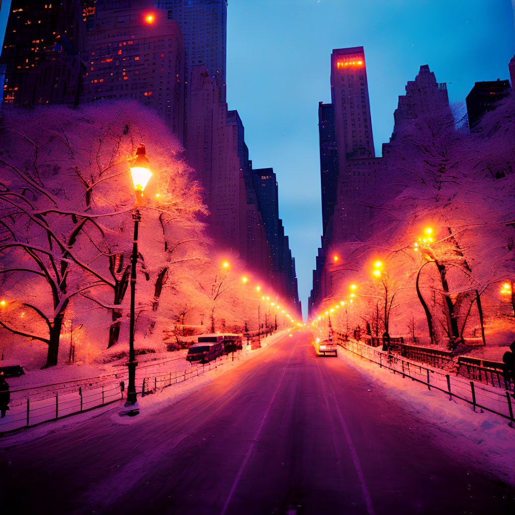 Snow-covered city street at twilight with illuminated street lamps, trees, and skyscrapers