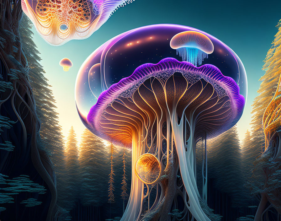 Fantasy forest with glowing jellyfish-like trees under cosmic sky