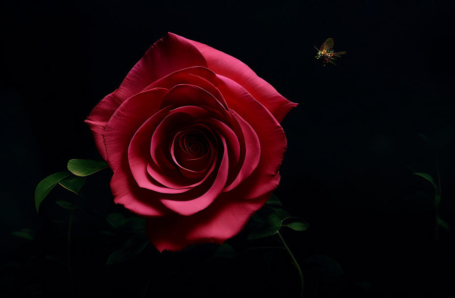 Vibrant red rose in full bloom against dark backdrop with flying insect