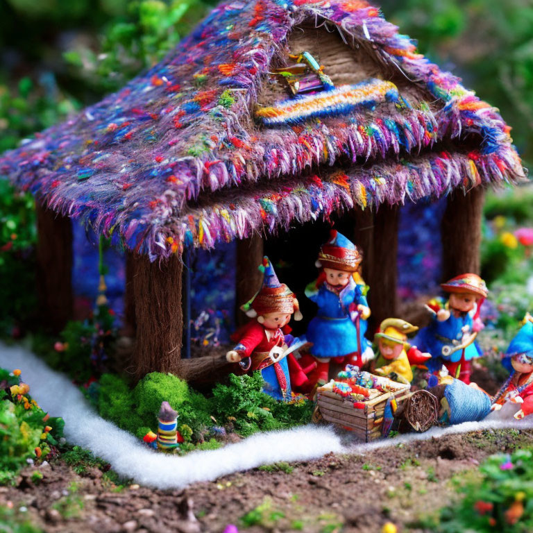 Colorful miniature scene: Gnomes or elves in thatched-roof hut in lush garden.
