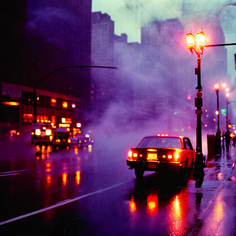 Moody city scene with glowing street lamps and red car taillights at evening