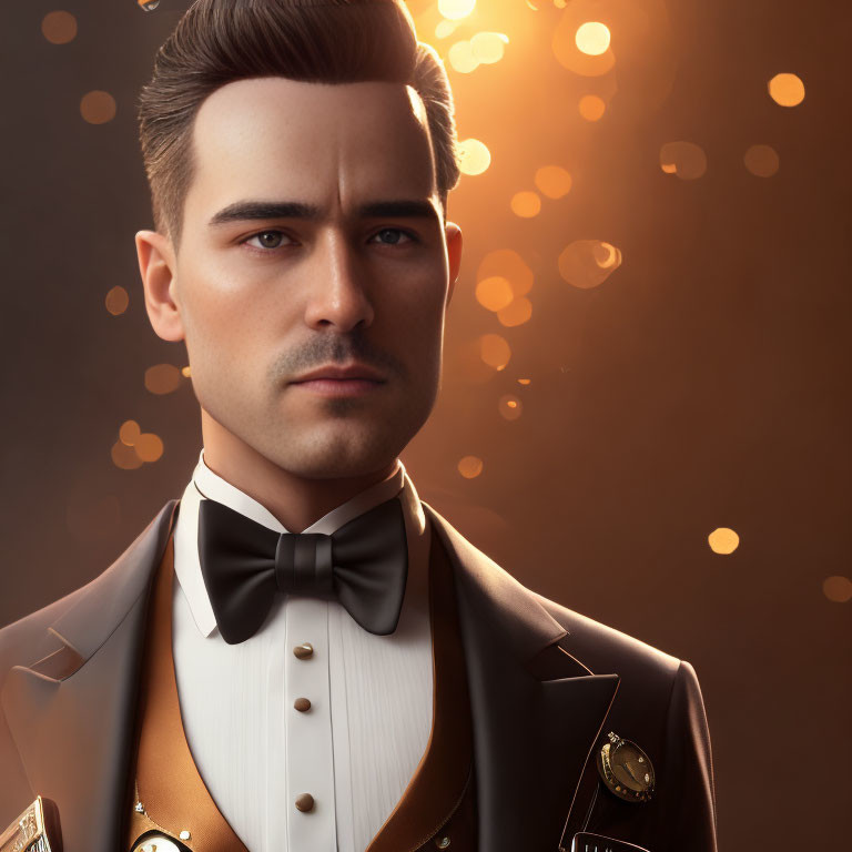 Slicked-back hair male character in tuxedo and bow tie on warm bokeh background