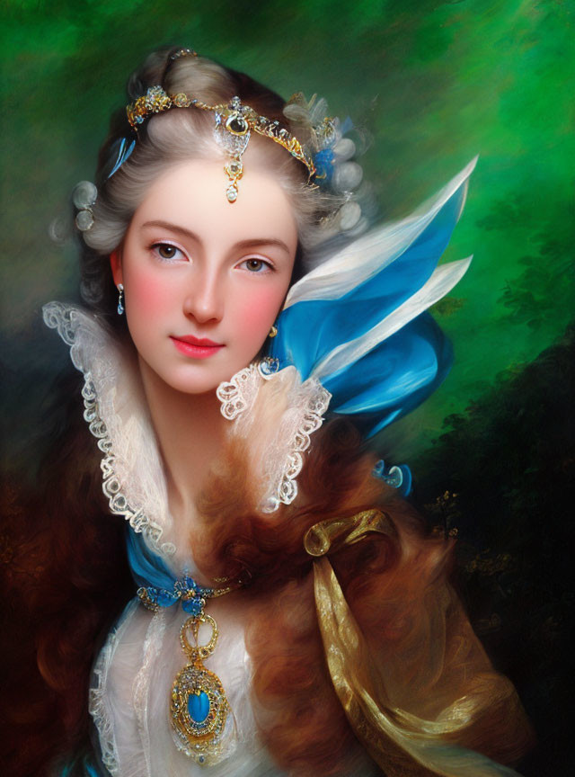Ethereal woman portrait with gold tiara, blue feather, fur stole, and jeweled pendant