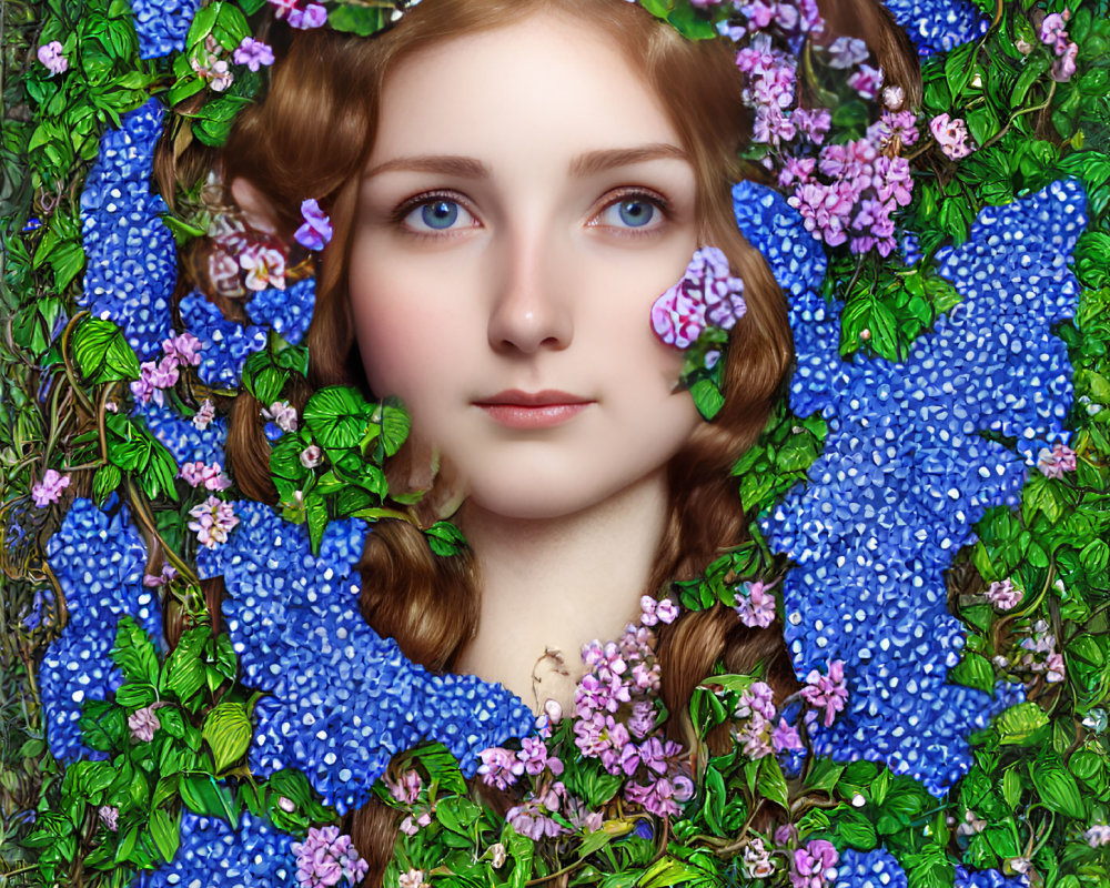 Portrait of woman with blue and pink flowers and green foliage