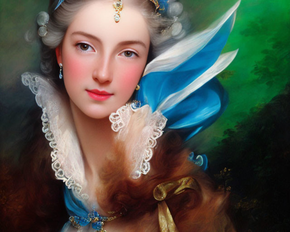 Ethereal woman portrait with gold tiara, blue feather, fur stole, and jeweled pendant