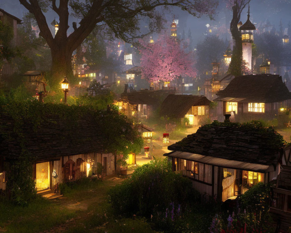 Charming village scene: thatched cottages, cherry trees, lanterns, distant tower