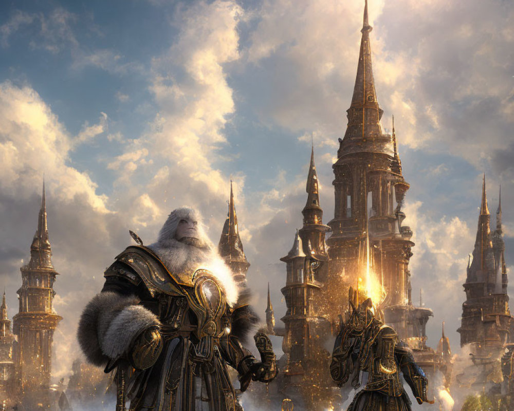 Cloaked figure in ornate armor gazes at majestic city with golden spires in fantasy scene
