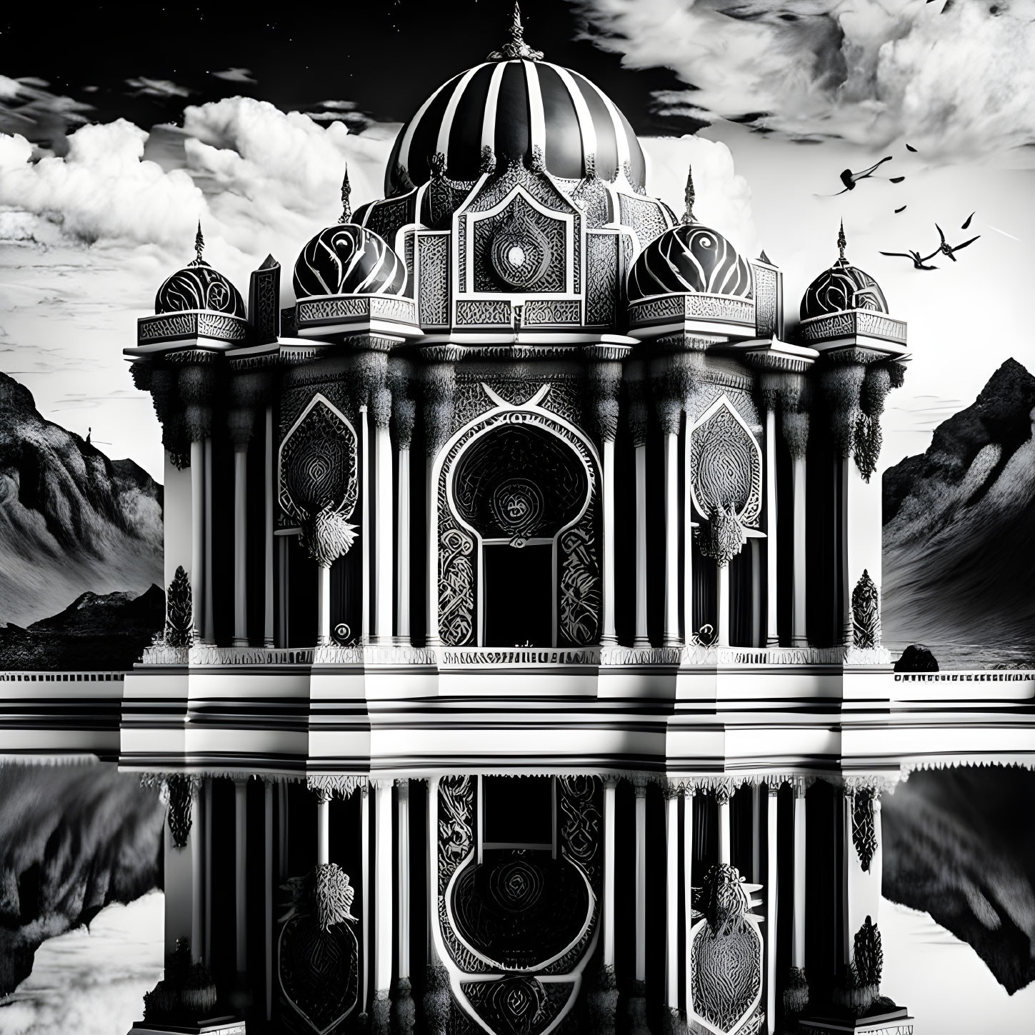 Monochrome image of intricate mosque reflected in water, with clouds and mountains.