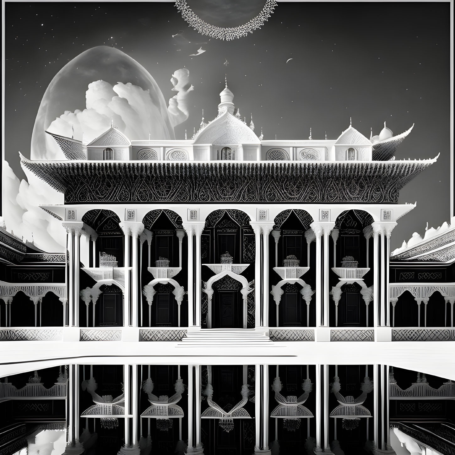Detailed black and white illustration of ornate palace with arches and moon.