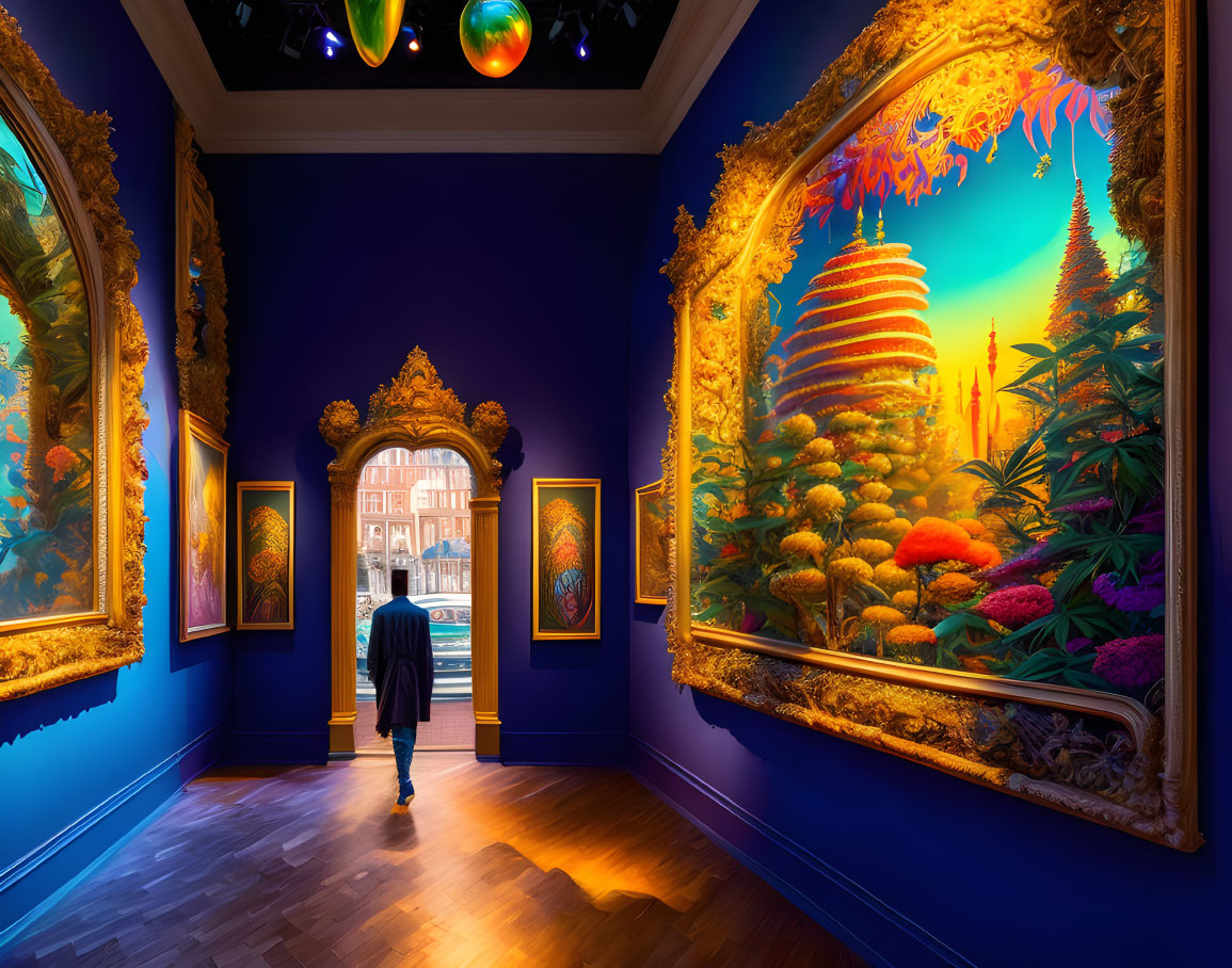 Colorful Fantastical Artwork in Gallery with Dark Blue Walls