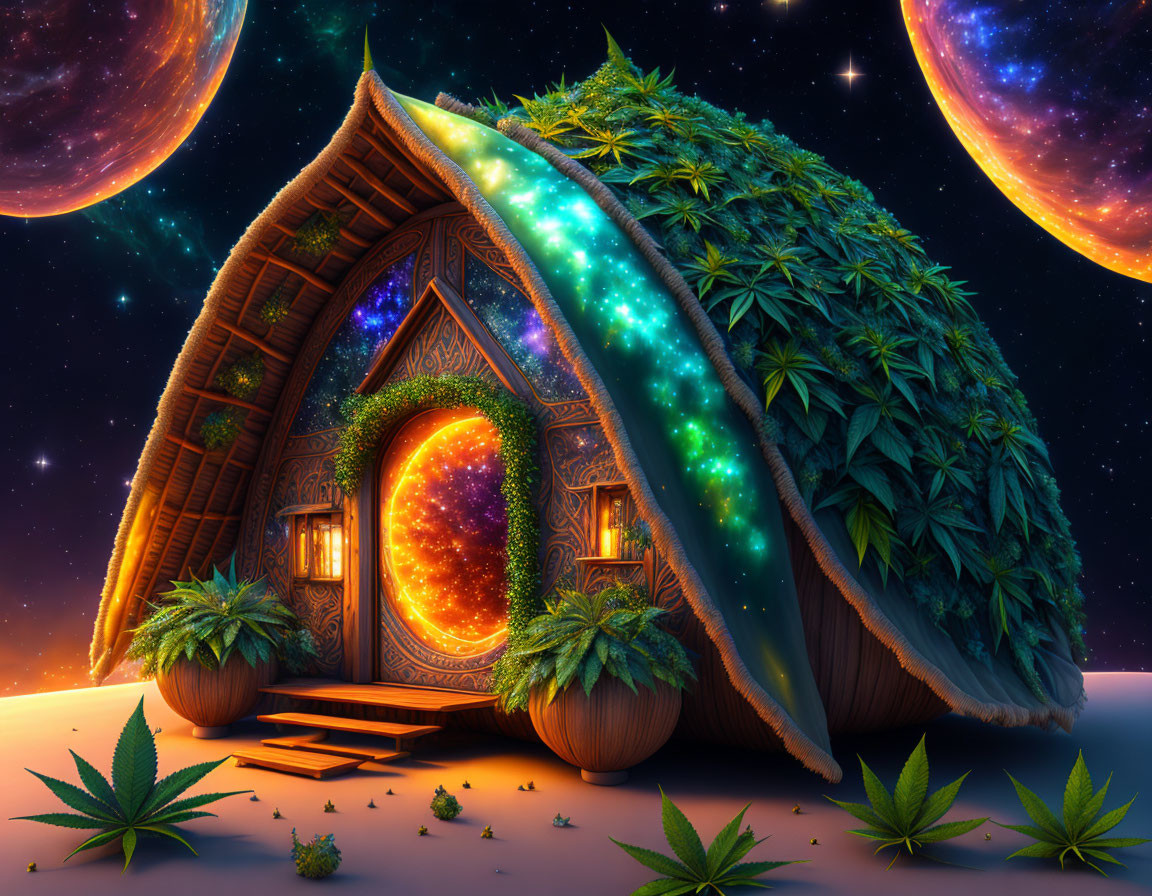 Cosmic leaf-shaped house with glowing portal in night sky