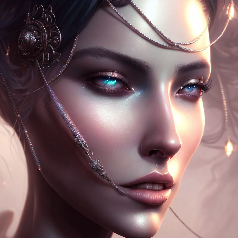 Detailed Close-Up of Fantasy Female Character with Intricate Jewelry and Luminescent Blue Eyes