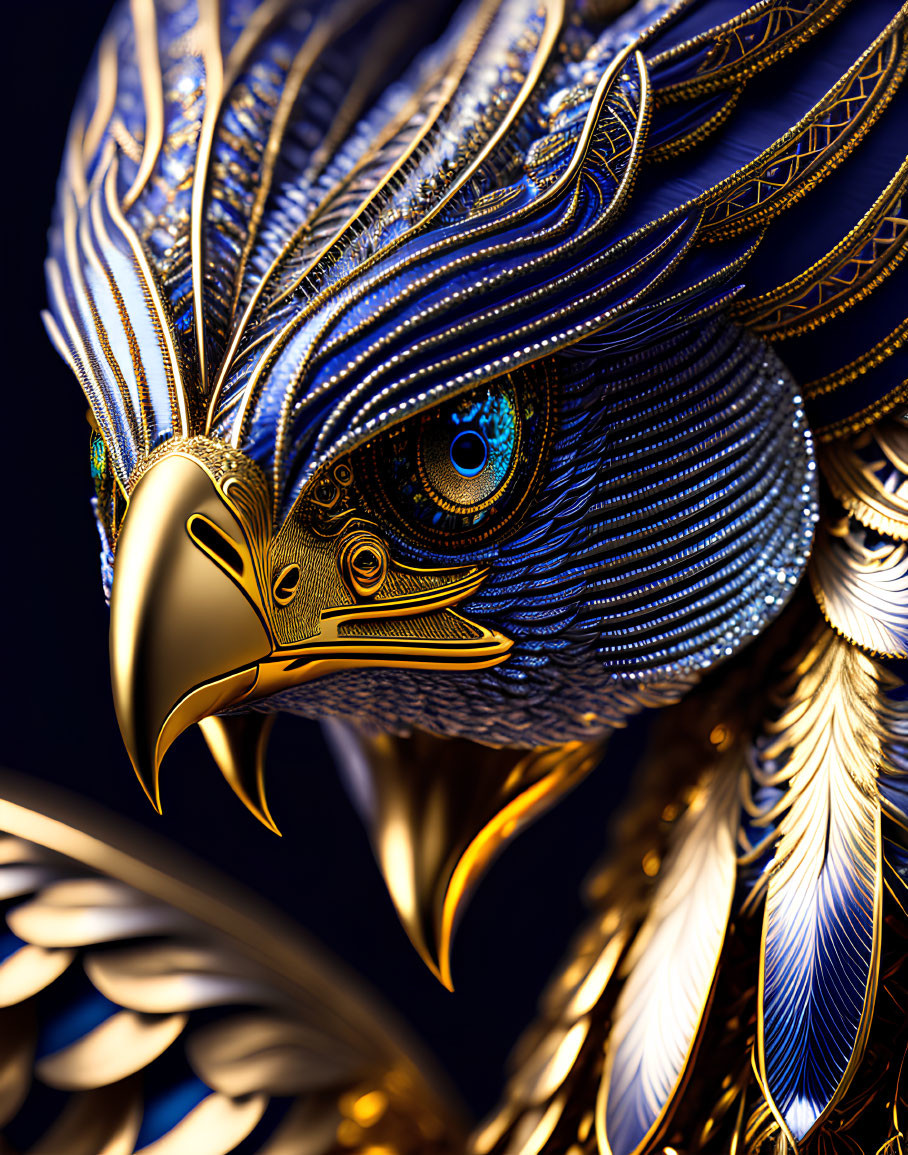 Detailed Metallic Eagle with Blue Eye on Dark Background