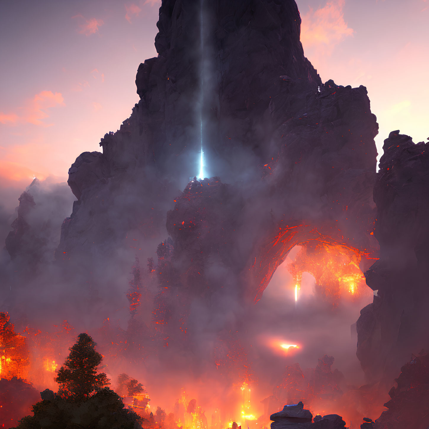 Volcanic landscape with molten lava, central spire, blue light, red sky, glowing